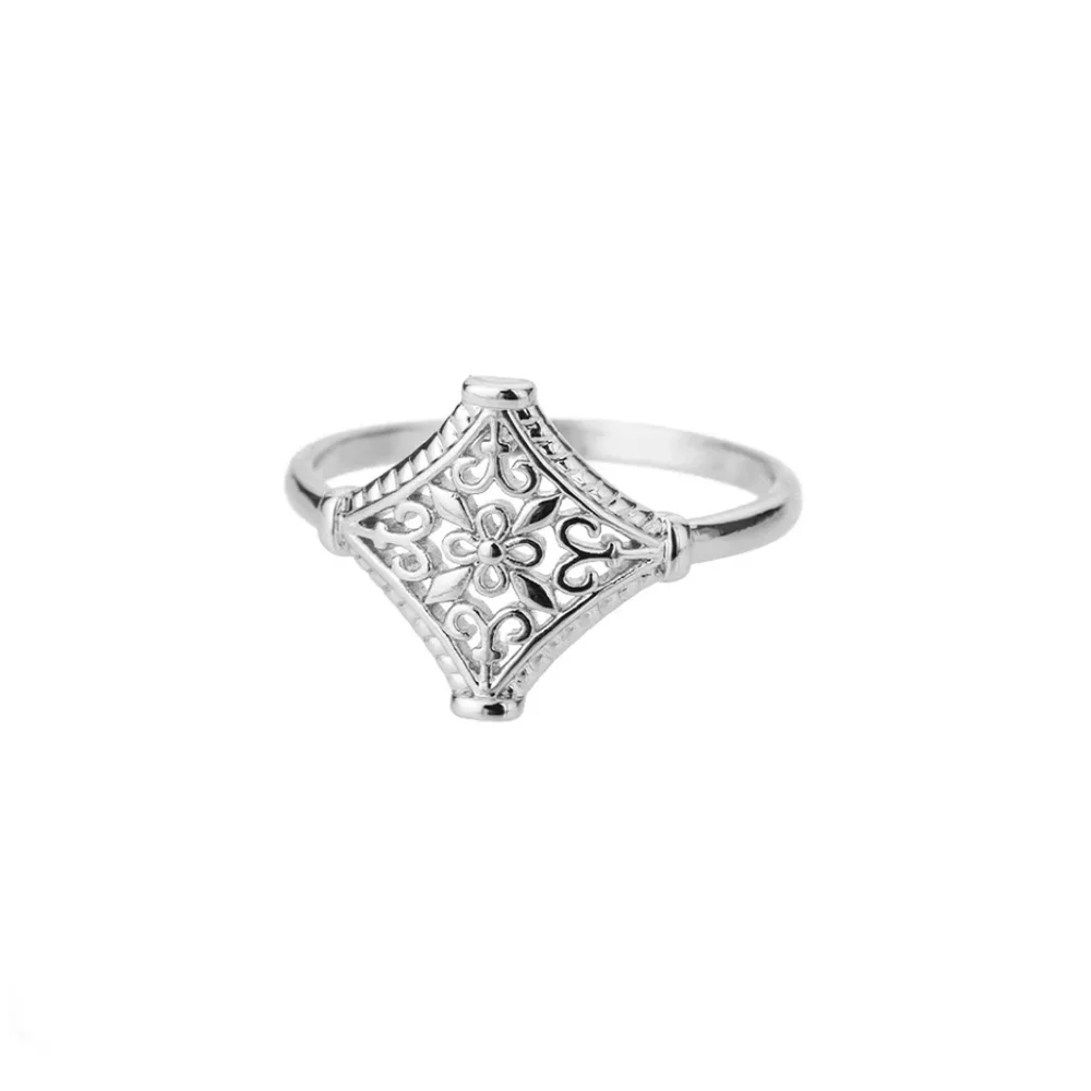NEW 14k White Gold Plated Cut Out Filigree‎ Hollow Flower Ring, Size 7